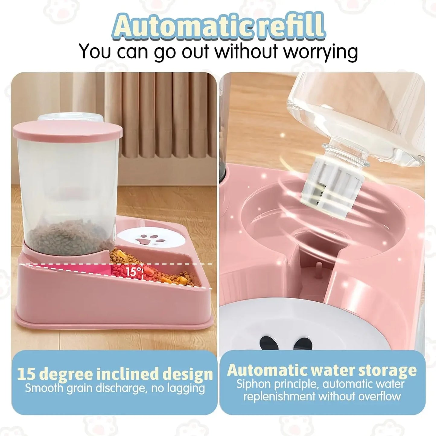 PawMate Automatic Cat Feeder And Water Dispenser Set - 2 In 1 Tilted Gravity Feeder And Waterer