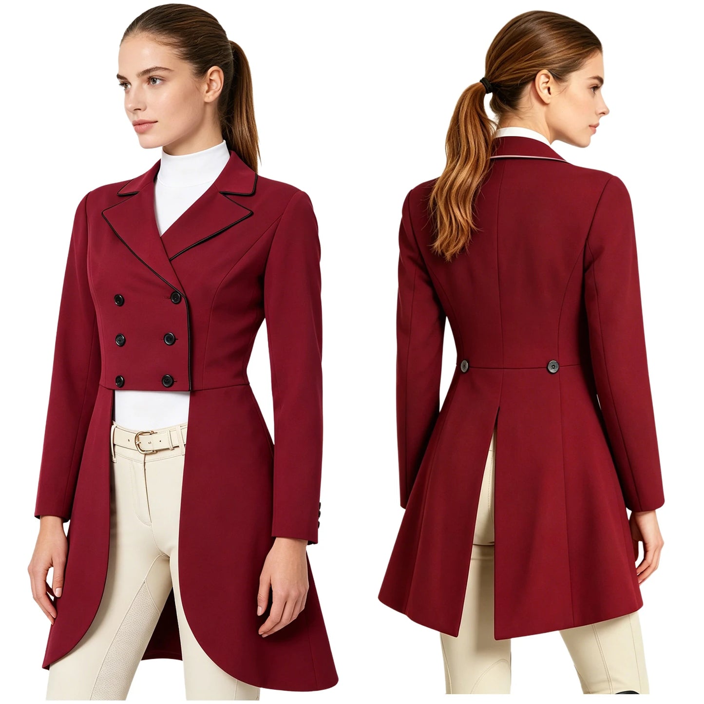 Womens Equestrian Dressage Jacket with Flared Skirt And White Piping Outerwear Long Sleeve Double-breasted Horse Riding Tailcoat