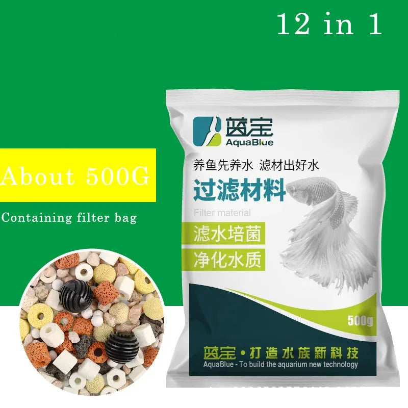Aquarium Fish Tank Filter Media, Ceramic Rings, Activated Carbon Bio Balls, Clear Water with Free Filter Net Bag, 12 in 1