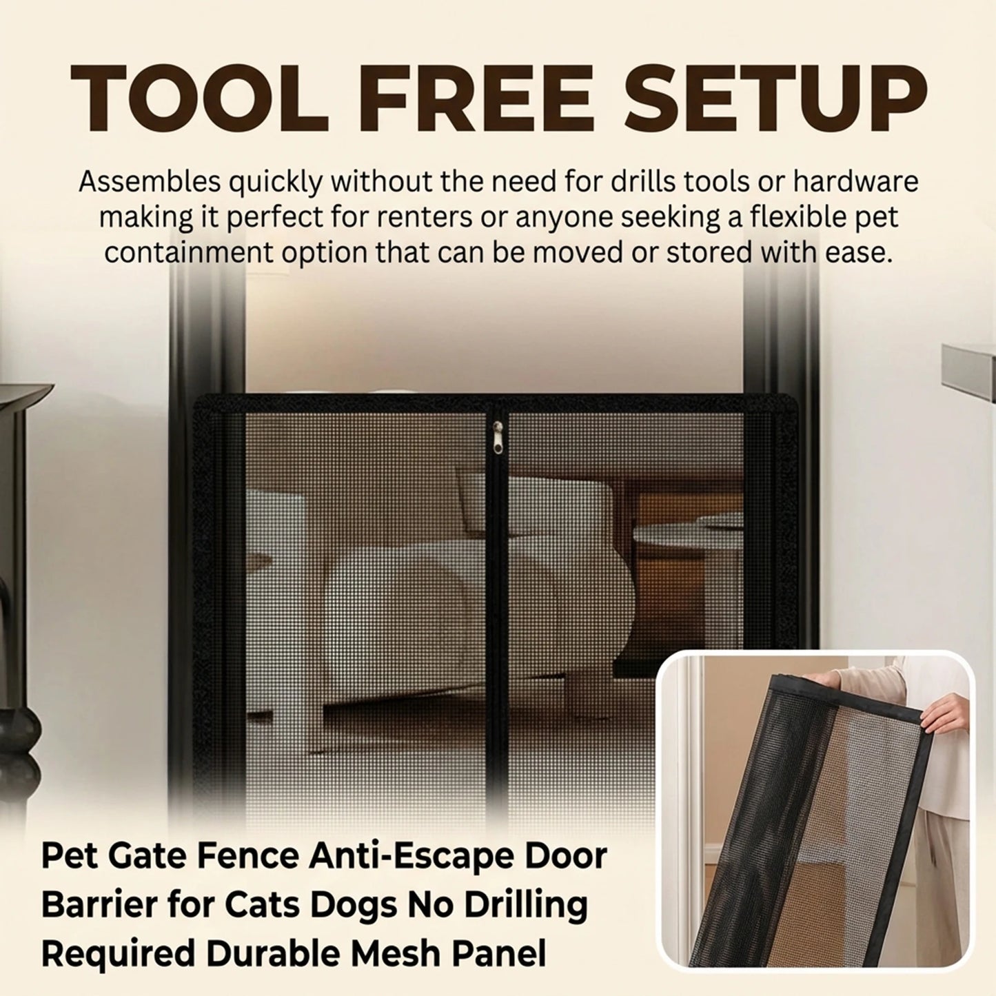 Pet Gate Fence No Drilling Mesh Barrier Anti Escape Door Guard for Cats and Dogs Durable Scratch Proof for Kitchen Stairs