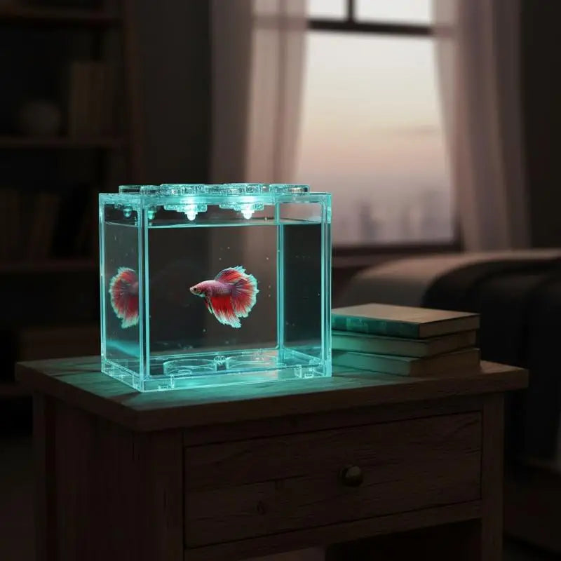 [F] Aquarium Mini Acrylic Fish Tank Reptile Pet Box Stackable Aquarium Cylinder Landscape Seaweed For Home Office Decoration