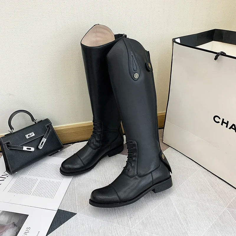 Women Knee High Leather Equestrian Boots Non Slip Riding Boots With Buckle And Zip Closure For Horse Riding