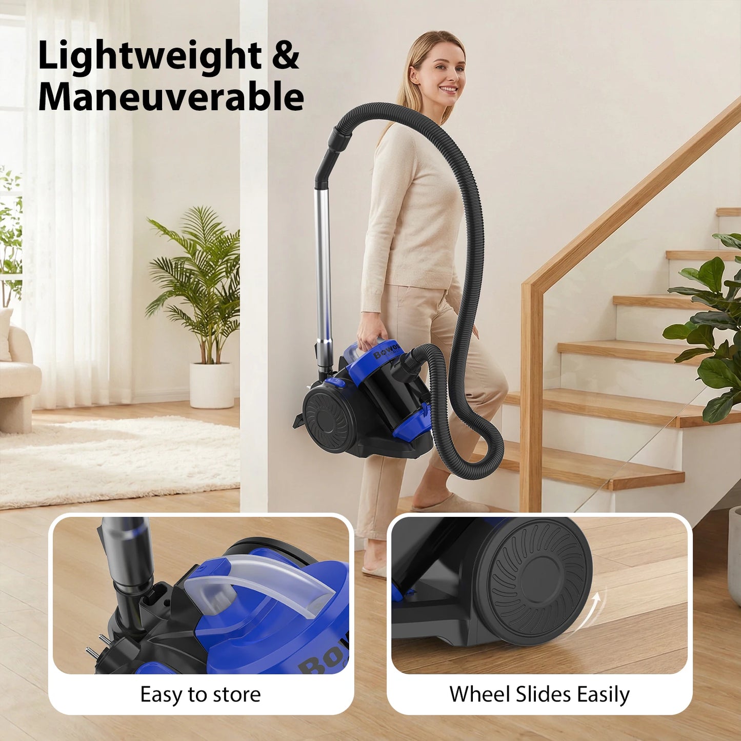 Bagless Vacuum Cleaner, 5000W Pet Hair Bagless Vacuum Cleaner Cylinder Carpet Cleaner with HEPA Filter, Long Reach, 3 In 1 Brush