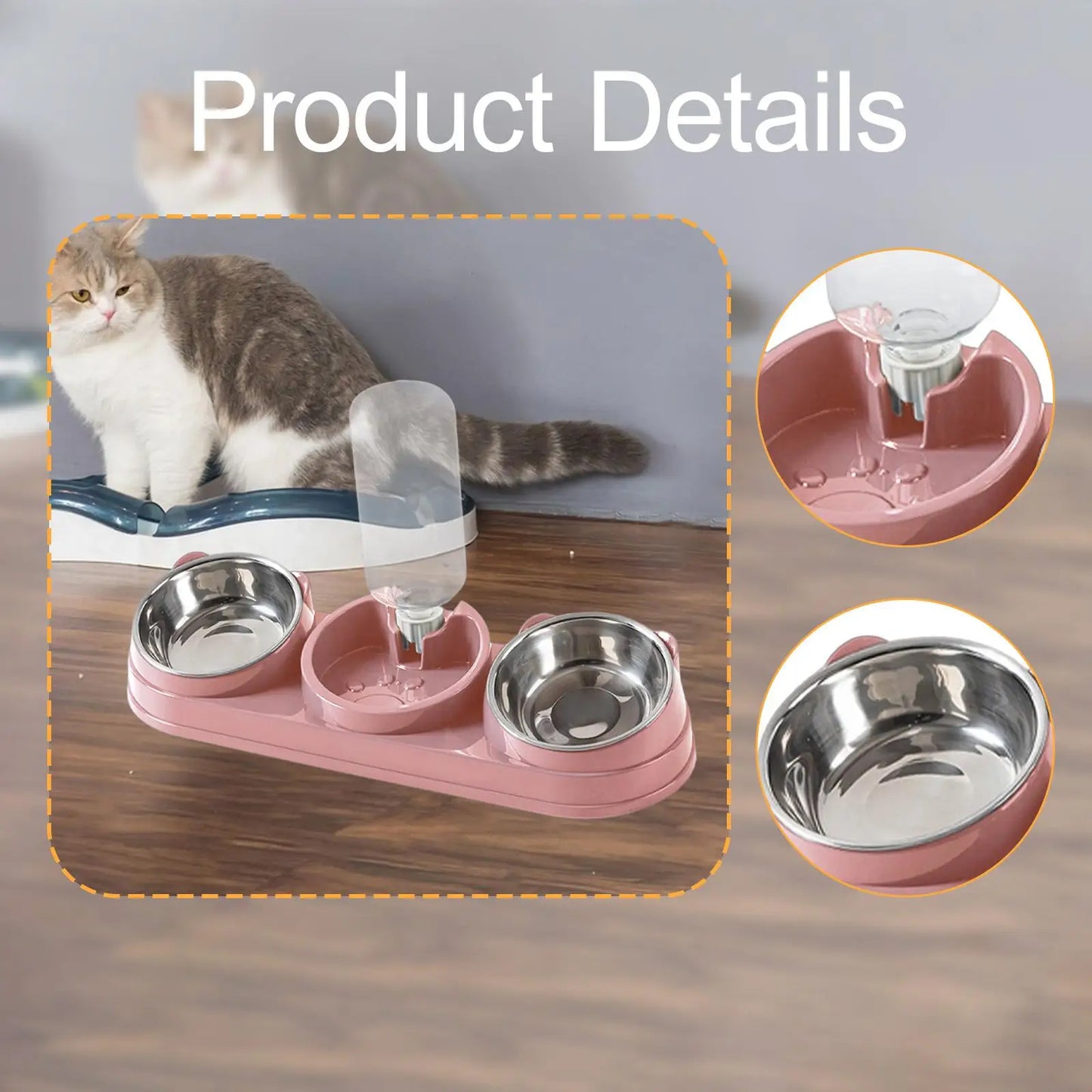 Triple Cat Bowl, Pet Food And Water Bowl, Tilted at 15°, 3 in 1, for Wet And