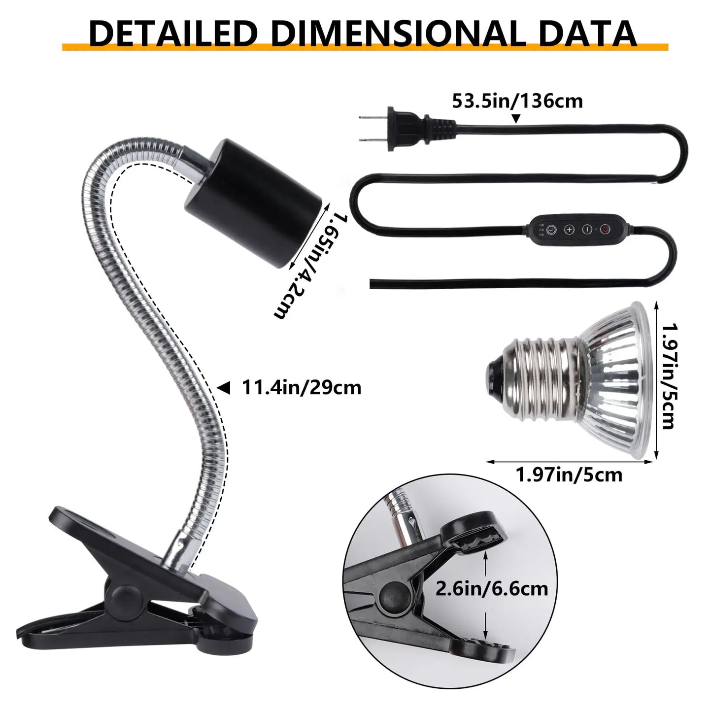 Reptile Insulated Lamp with Fixing Clip 50W UVA UVB Bulb Feeding Box Timeable Heat Lamp for Lizard Supplies Turtle Accessories