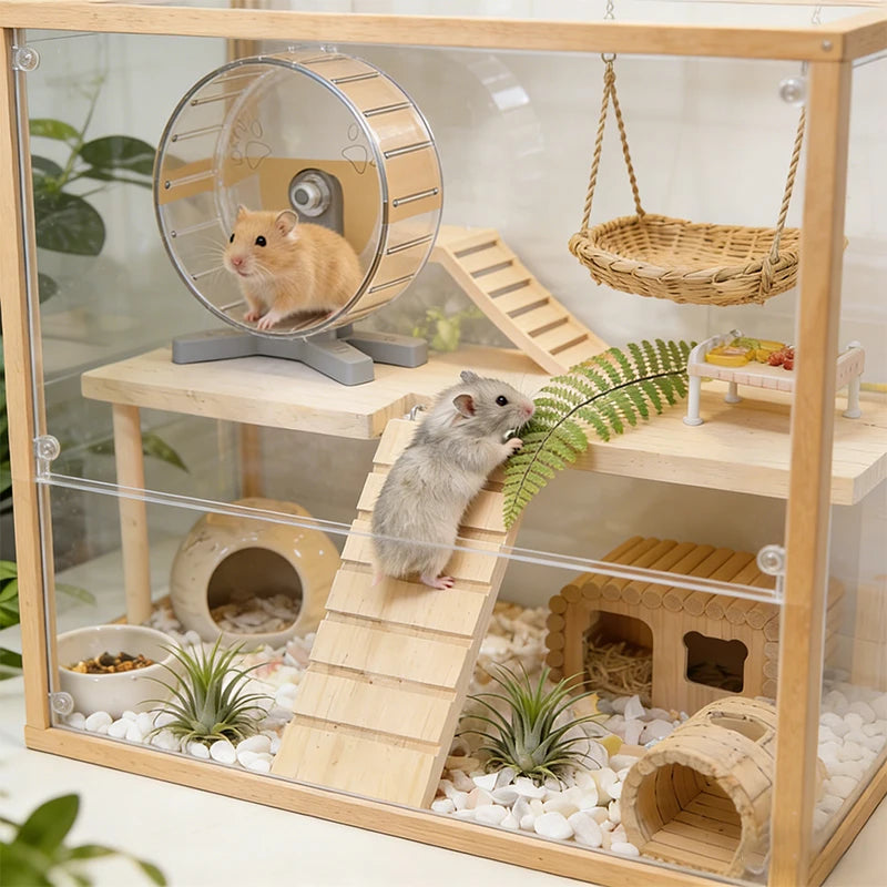 L-shaped Wooden Hamster Platform 2-Tier With Stairs Thickened Climbing Hideout Boredom Relief Small Pet Cage Habitat Decor