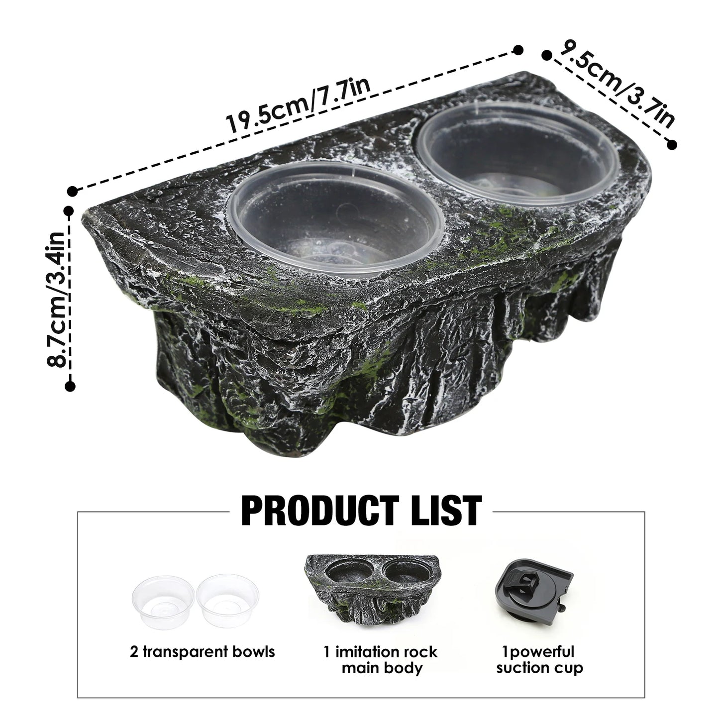 Resin Reptile Feeding Dish, Dual Bowl for Food & Water, Detachable, Easy Clean, Suction Cups, Habitat Decor for Bearded Dragons,