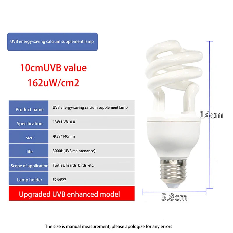 Reptile Heat Lamp 13/26W UV Rays, 5.0 10.0 UVB Energy Saving, Ideal for Terrarium Pets like Turtles, Lizards, Snakes