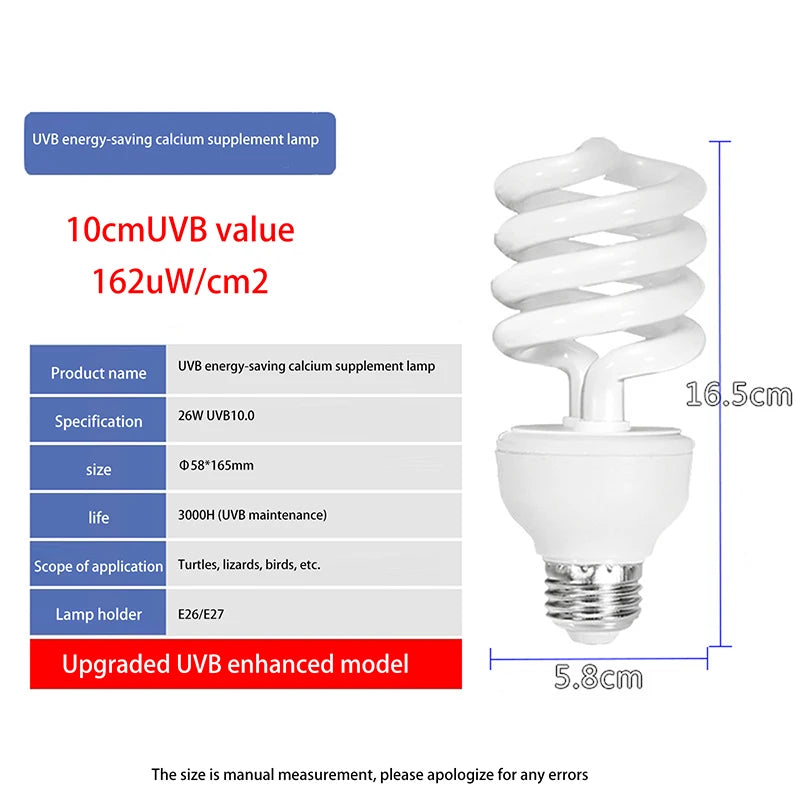 Reptile Heat Lamp 13/26W UV Rays, 5.0 10.0 UVB Energy Saving, Ideal for Terrarium Pets like Turtles, Lizards, Snakes