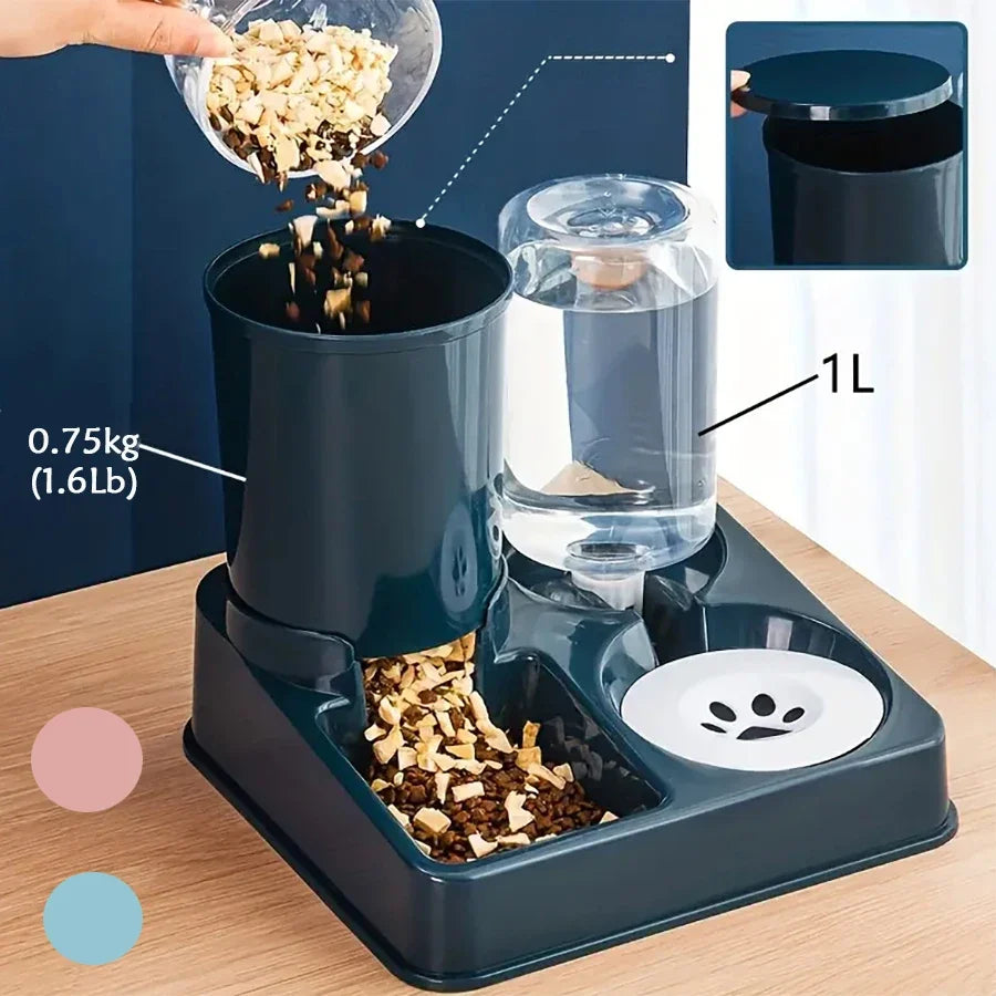 PawMate Automatic Cat Feeder And Water Dispenser Set - 2 In 1 Tilted Gravity Feeder And Waterer
