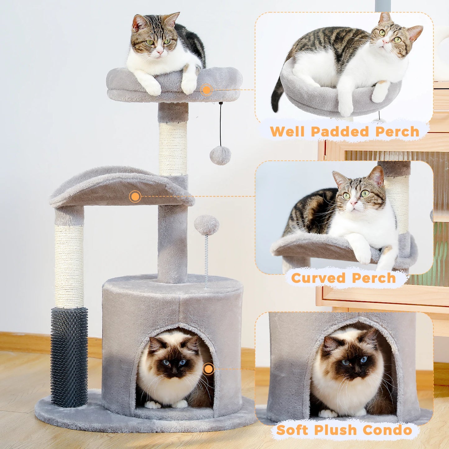 Small Cat Tree for Indoor Cats, Medium Cat Tower with Interactive Cat Toy, 32.7" Cat Condo with Self Groomer Brush