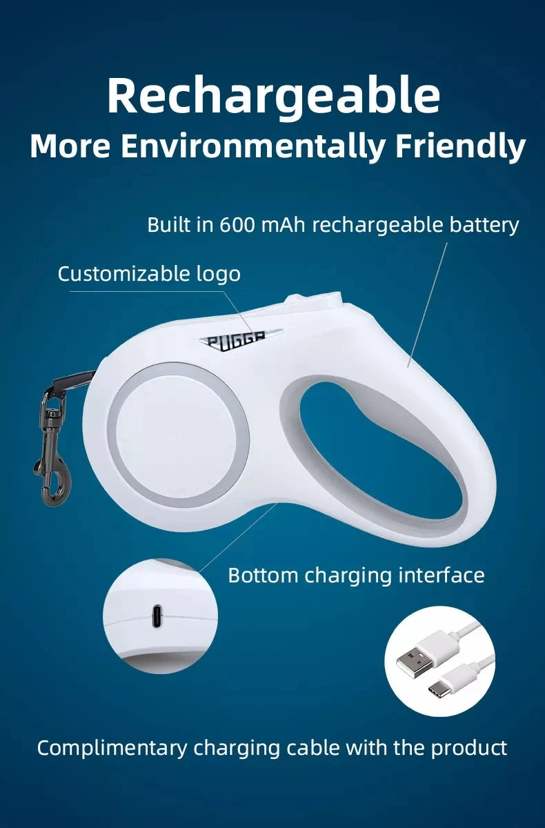 LED Light Dog Leash Auto Scaling Dog Walking Pet Accessories USB Charge Night Walking 5m