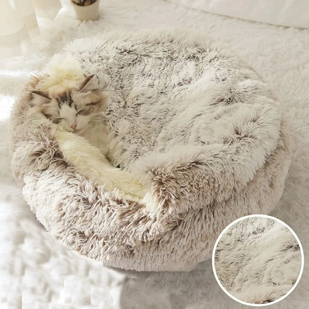 Soft Warm Long Plush Pet Bed Enclosed Round Cat Cushion Comfortable Sleep Bag Cat Nest Kennel for Small Pet Cat Nest