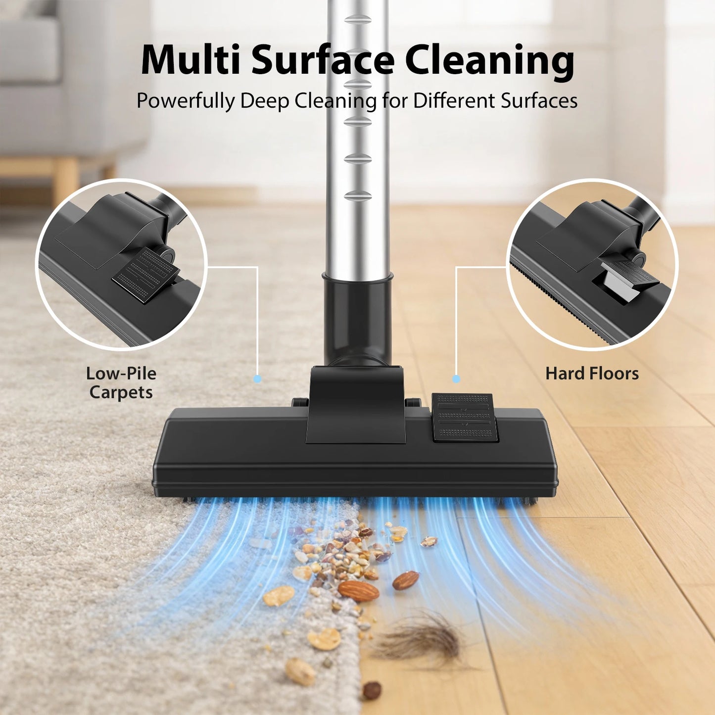 Bagless Vacuum Cleaner, 5000W Pet Hair Bagless Vacuum Cleaner Cylinder Carpet Cleaner with HEPA Filter, Long Reach, 3 In 1 Brush