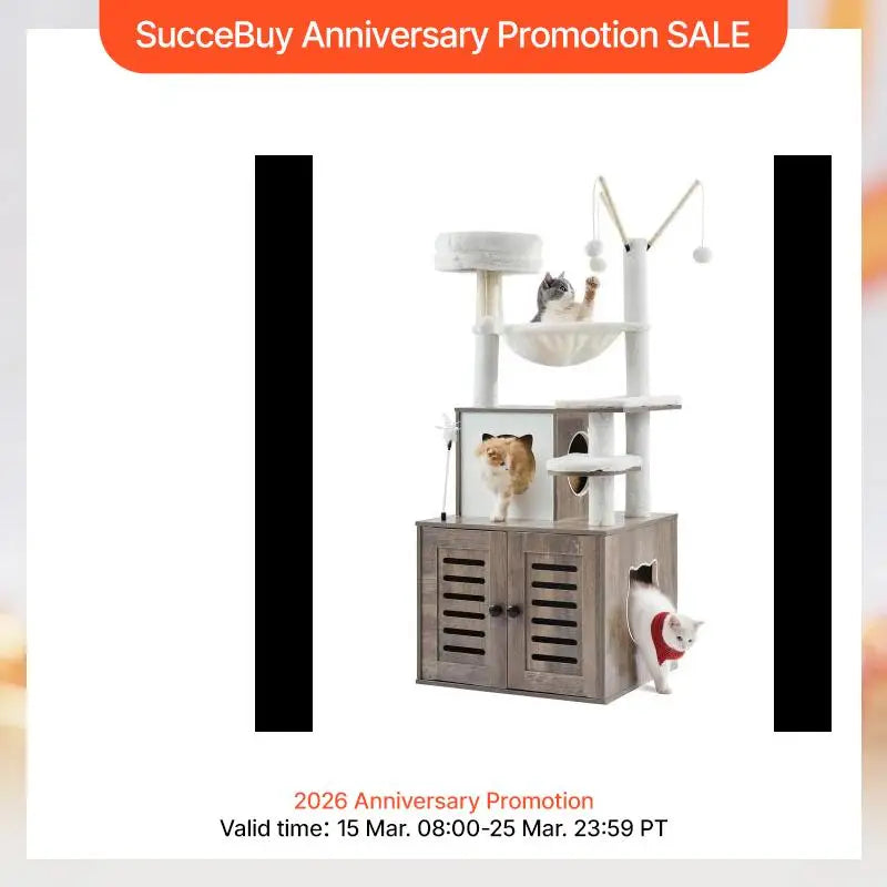 VEVOR Large Cat Tree with Litter Box Enclosure Multi-level Cat Condo Furniture with Sisal Scratching Post Hammock for Indoor Cat