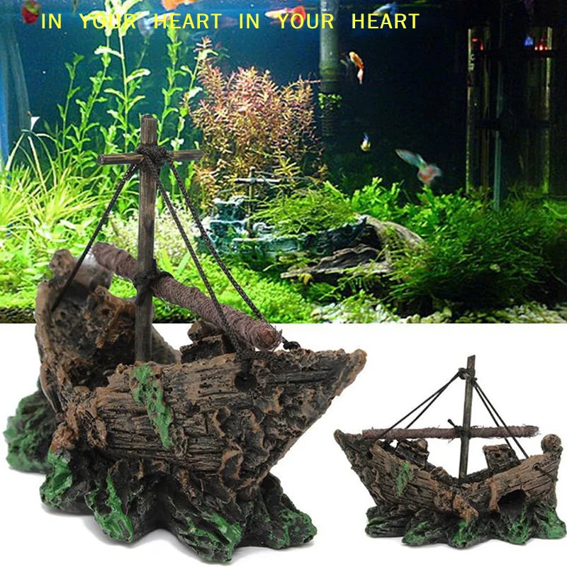 【X】Aquarium Ornament Wreck Sunk Ship Sailing Boat Destroyer Fish Tank Cave Decor