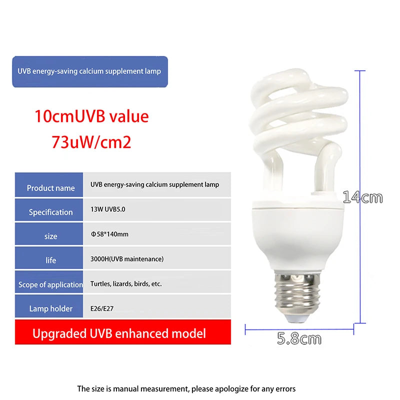 Reptile Heat Lamp 13/26W UV Rays, 5.0 10.0 UVB Energy Saving, Ideal for Terrarium Pets like Turtles, Lizards, Snakes