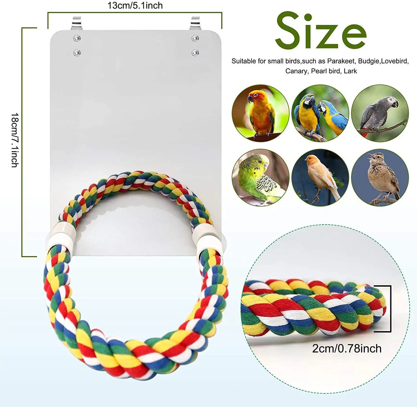 Bird Mirror Perch And Swing Toy For Parrots Parakeets Finches Macaws Interactive Entertainment Preening