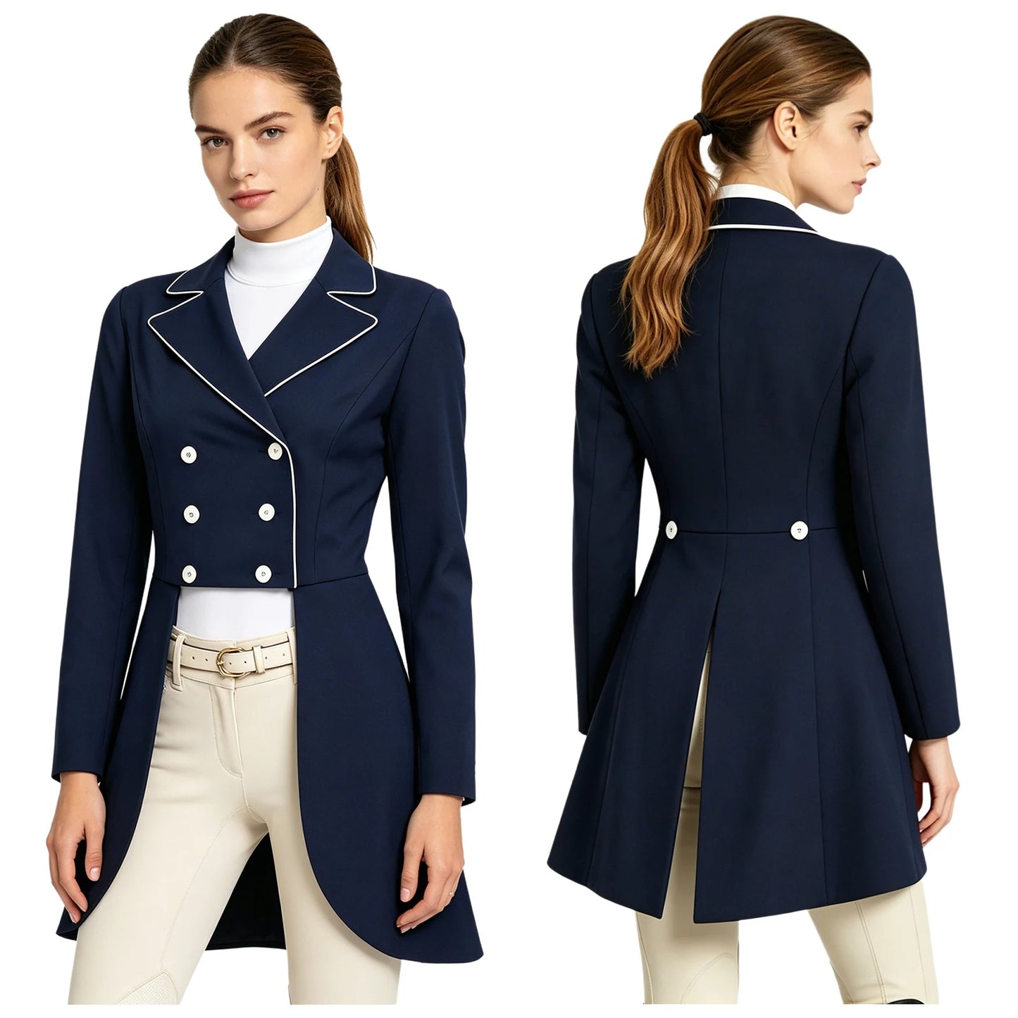 Womens Equestrian Dressage Jacket with Flared Skirt And White Piping Outerwear Long Sleeve Double-breasted Horse Riding Tailcoat