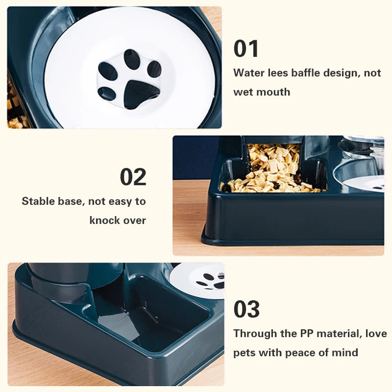 Automatic Dog Cat Feeder and Water Dispenser Set Gravity Dog with Pet Food Bowl Capacity Self Feeding Station 2 in 1 Tilted
