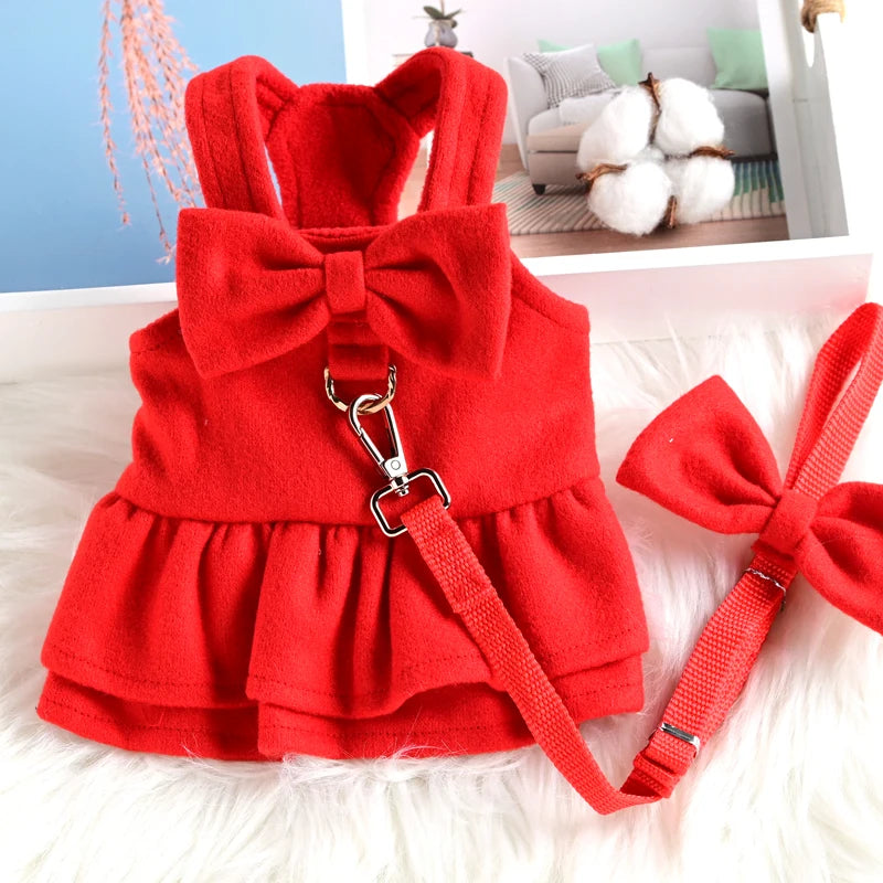 Cute Princess Dog Chest Clothes Harness Vests With Leash New Year Puppy Small Animal Red Bows Outdoor Walking Pet Lead For Cat