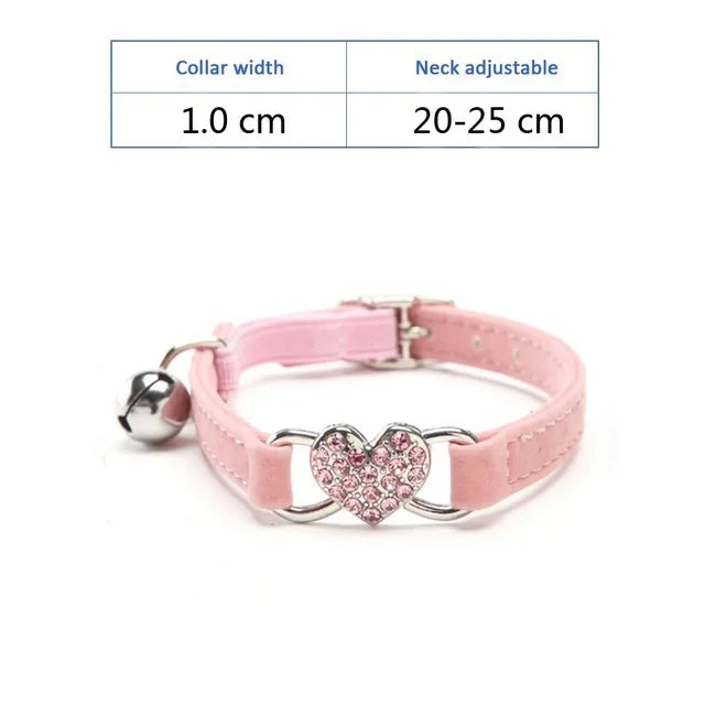 Soft Comfortable Plush Cat Collar Faux Diamond Heart Elastic Rubber Design with Bell Breakaway Safety Essential Pet Accessary