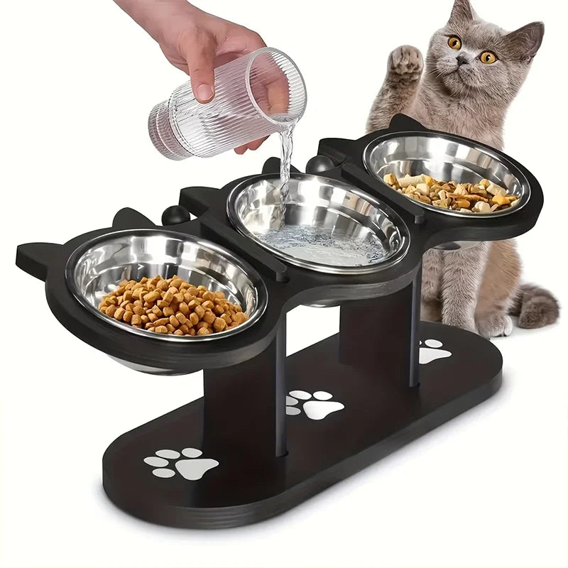 3 Bowls Wooden Elevated Cat Feeder Stand With 15 Angle Adjustable Stainless Steel Dog Feeder Water Bowls Pet Feeding Utensils