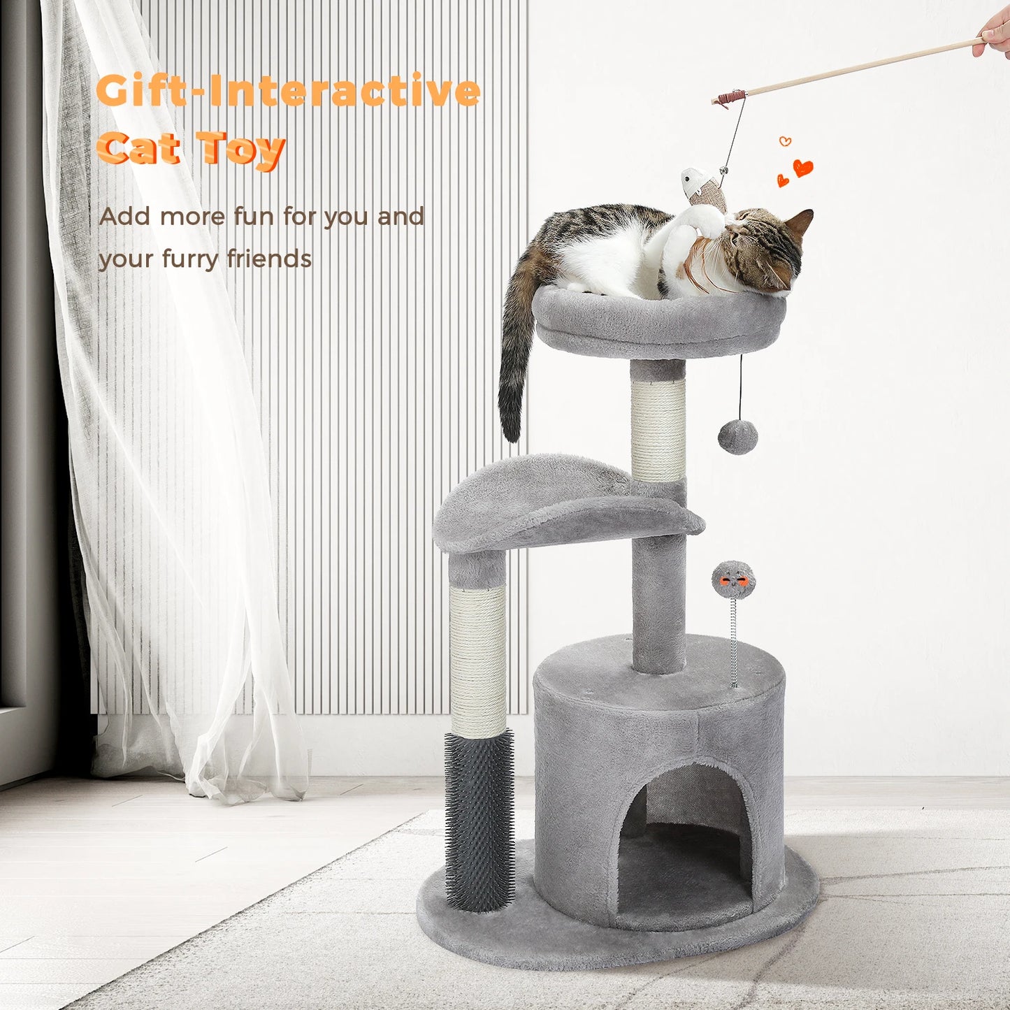 Small Cat Tree for Indoor Cats, Medium Cat Tower with Interactive Cat Toy, 32.7" Cat Condo with Self Groomer Brush