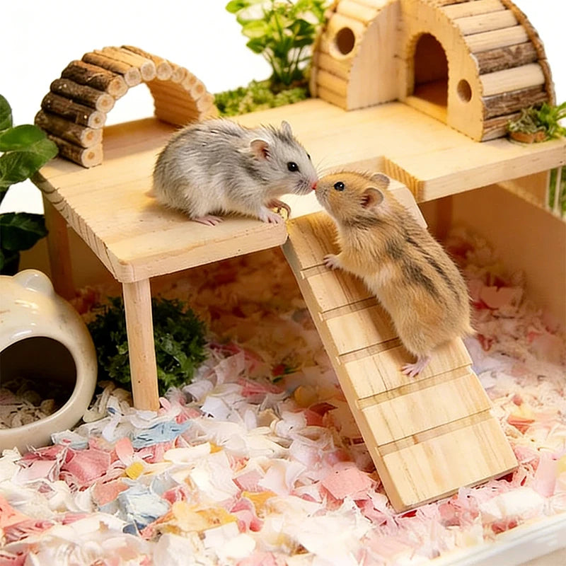 L-shaped Wooden Hamster Platform 2-Tier With Stairs Thickened Climbing Hideout Boredom Relief Small Pet Cage Habitat Decor