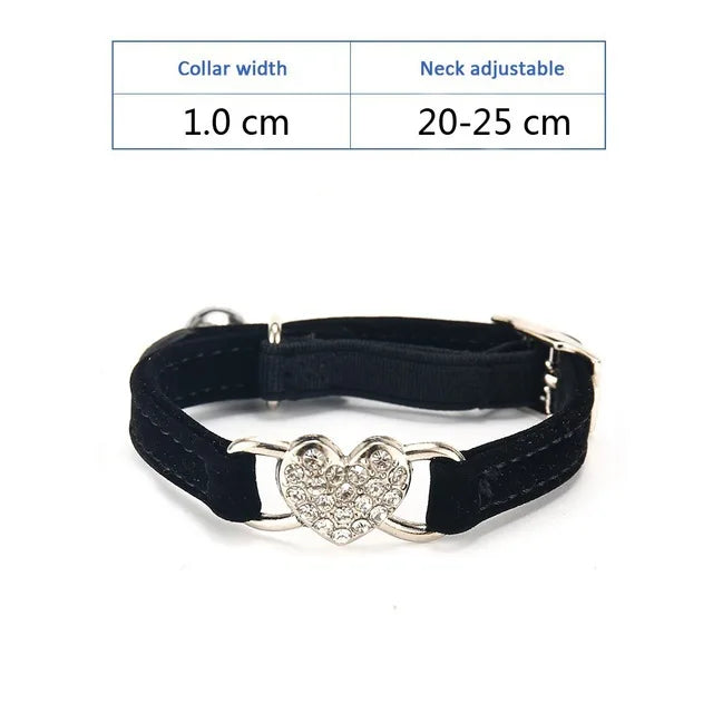 Soft Comfortable Plush Cat Collar Faux Diamond Heart Elastic Rubber Design with Bell Breakaway Safety Essential Pet Accessary