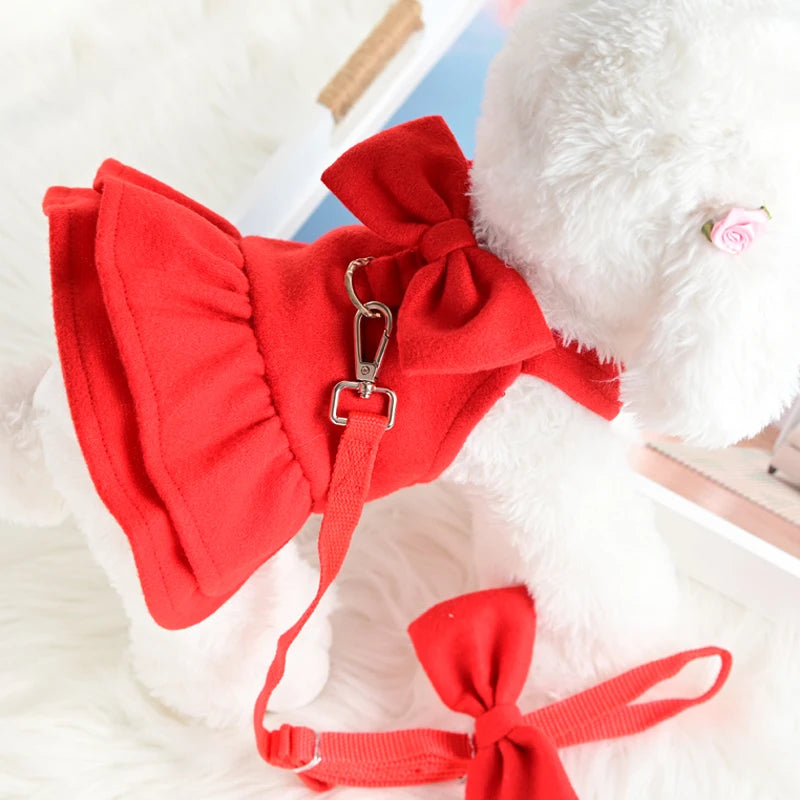 Cute Princess Dog Chest Clothes Harness Vests With Leash New Year Puppy Small Animal Red Bows Outdoor Walking Pet Lead For Cat