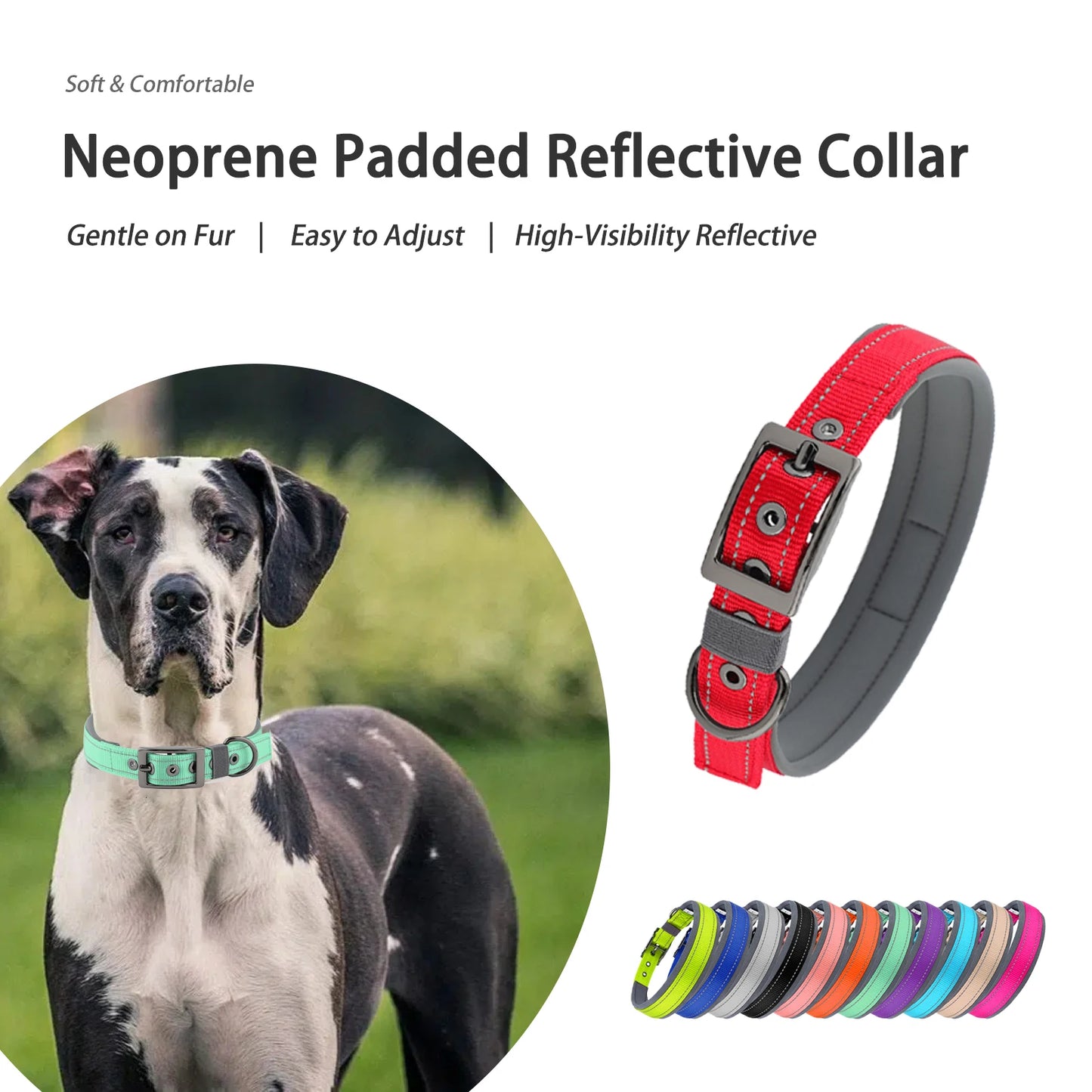 Dog Collar for Large Dogs Neoprene Padded and Adjustable Reflective Wide Heavy Duty Pet Collars with Durable Metal Belt Buckle