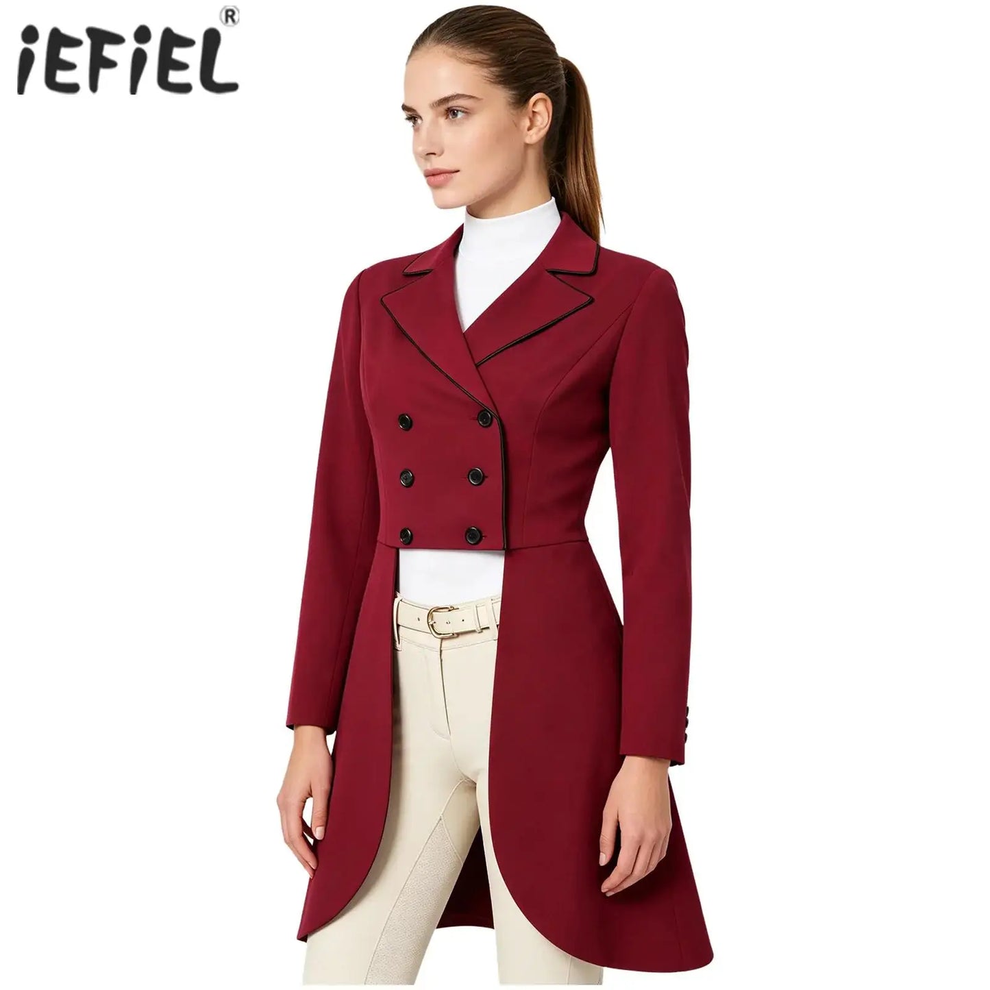 Womens Equestrian Dressage Jacket with Flared Skirt And White Piping Outerwear Long Sleeve Double-breasted Horse Riding Tailcoat