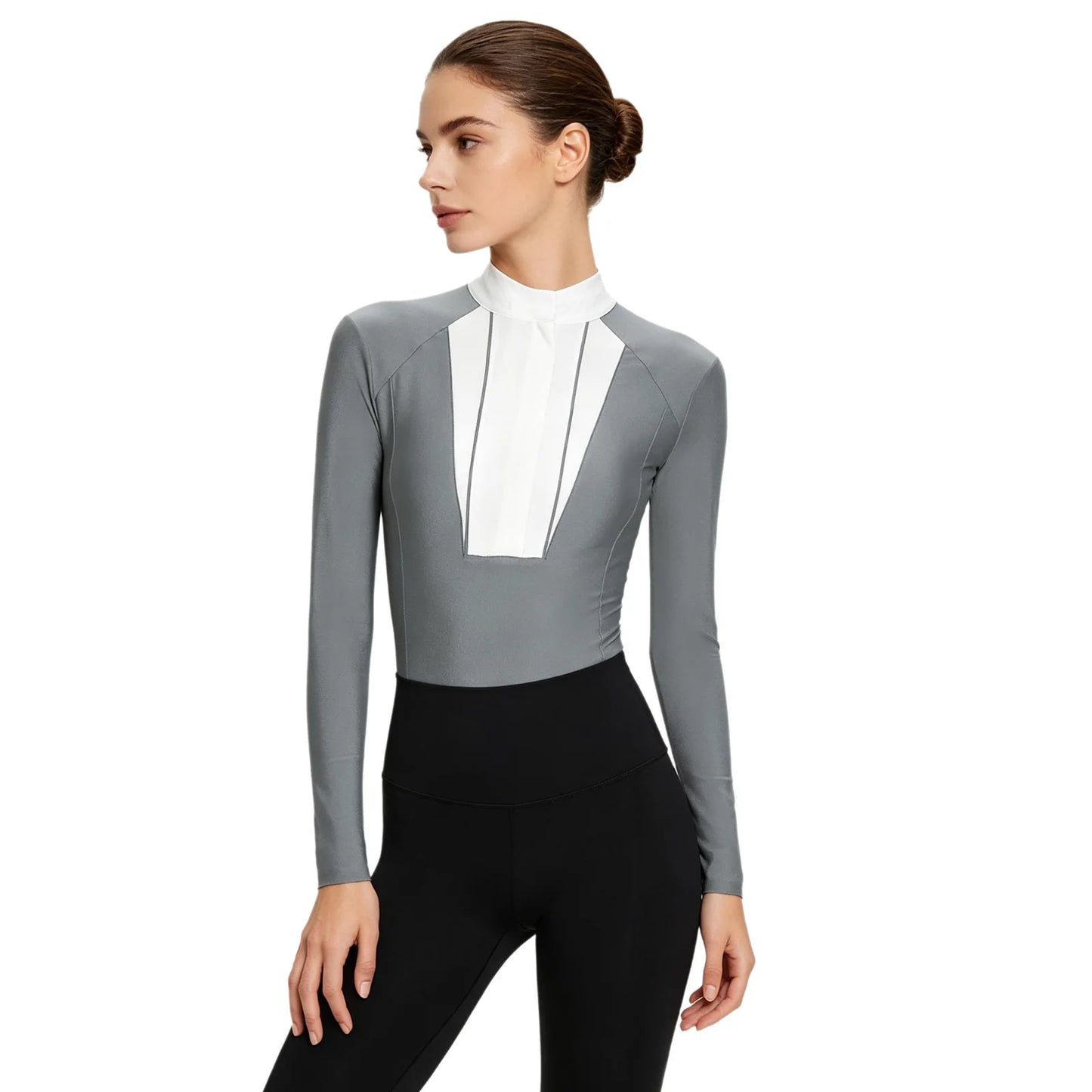 Womens Equestrian Riding Horse  Competition Shirt Slim Fit Jumpsuit Pleated Long Sleeve Buttoned Crotch Leotard Tuxedo Rompers