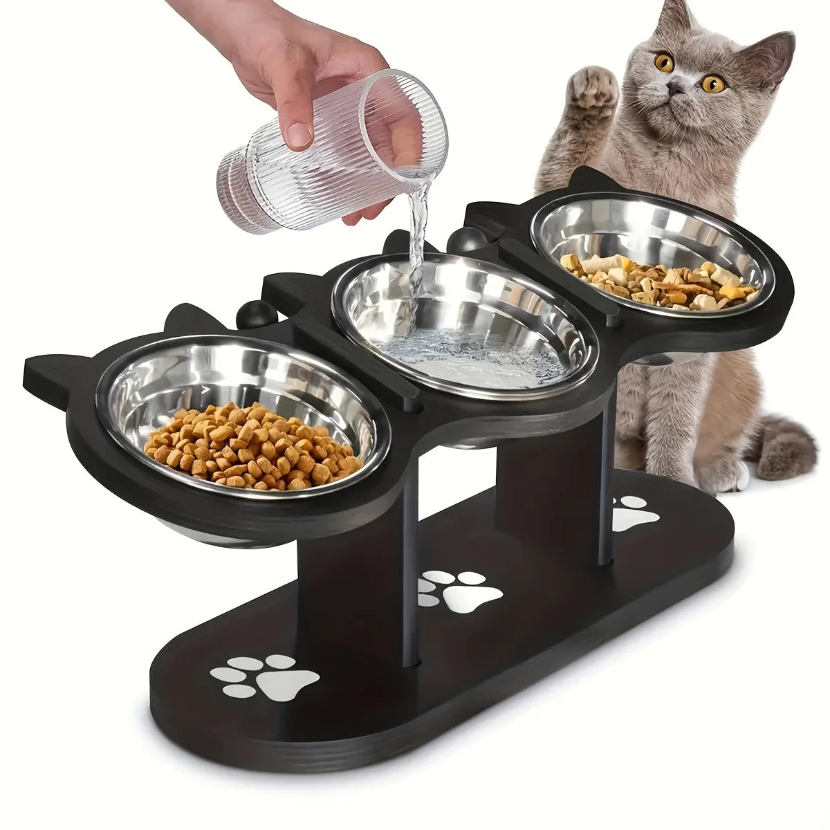 3 Bowls Wooden Elevated Cat Feeder Stand With 15 Angle Adjustable Stainless Steel Dog Feeder Water Bowls Pet Feeding Utensils