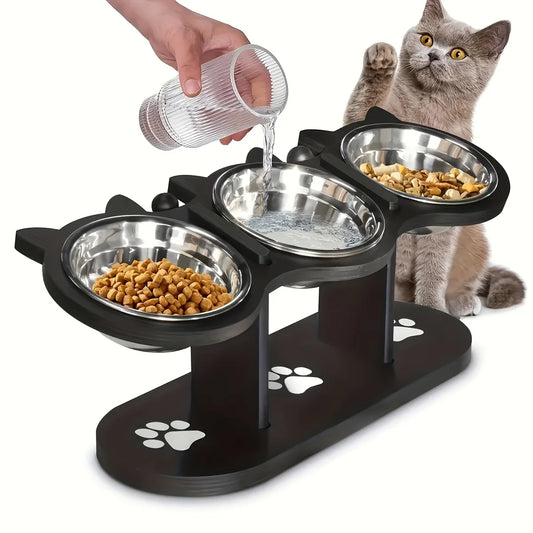 3 Bowls Wooden Elevated Cat Feeder Stand With 15 Angle Adjustable Stainless Steel Dog Feeder Water Bowls Pet Feeding Utensils