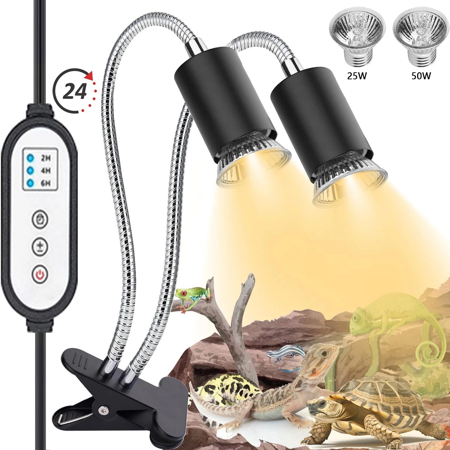 Reptile Heat Lamp Double-Head Heat Lamp with Clamp UVA UVB Reptile Light with Intelligent Cycle Timer with 2 Bulbs 25W+50W