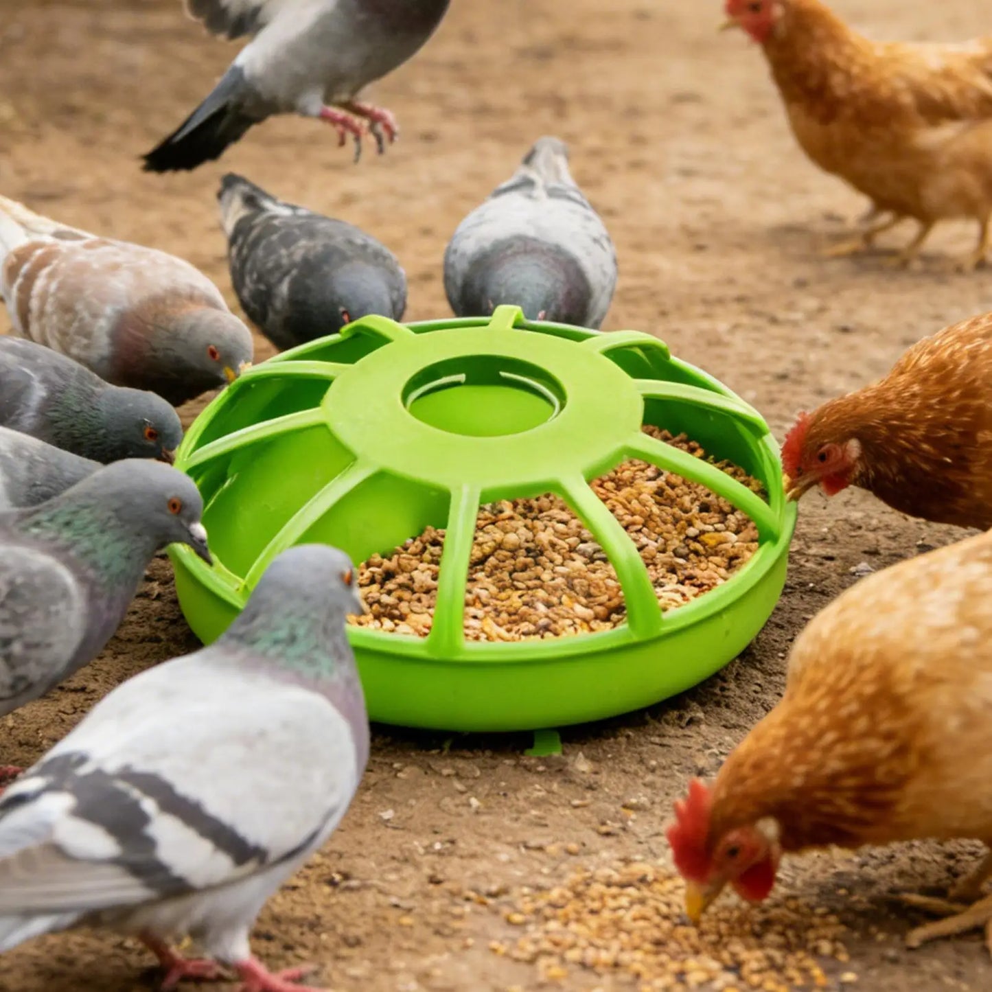 Poultry Feeder Round Spill Proof Non Slip Feeding Large Bird Feeder for Cage No Waste Easy Clean for Coop Yard Parrot Pigeon