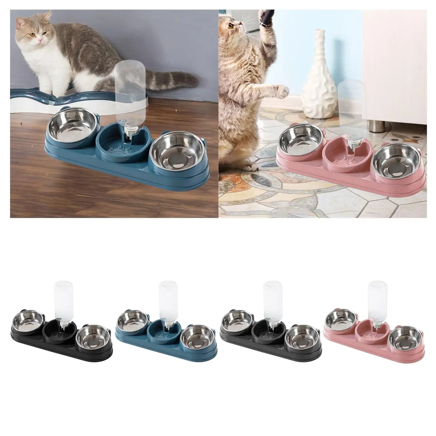 Triple Cat Bowl, Pet Food And Water Bowl, Tilted at 15°, 3 in 1, for Wet And