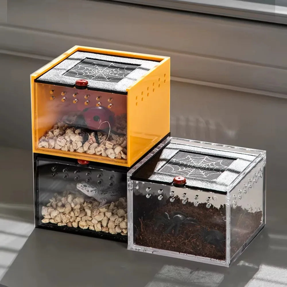Black Acrylic Insect Feeding Box For Reptiles Lizard Silkworm Scorpion Beetle Pet House 8.5x9x6.5 cm