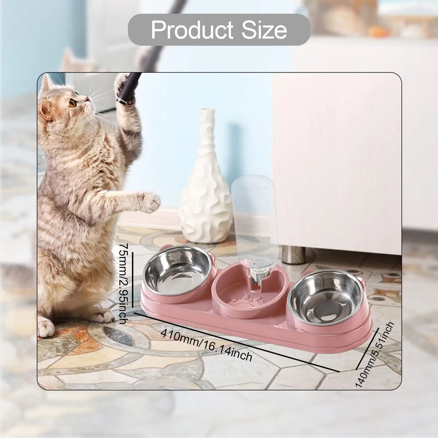 Triple Cat Bowl, Pet Food And Water Bowl, Tilted at 15°, 3 in 1, for Wet And