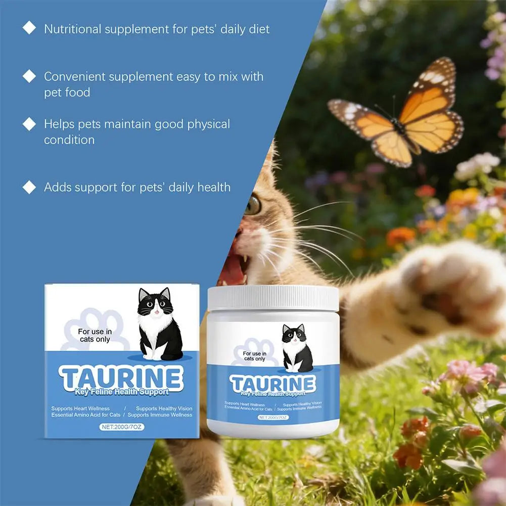 Cat Taurine Powder Supplement Eye & Heart Health Support, Essential Feline Nutrition Natural Pet Vitamins for Kittens Adult Cats