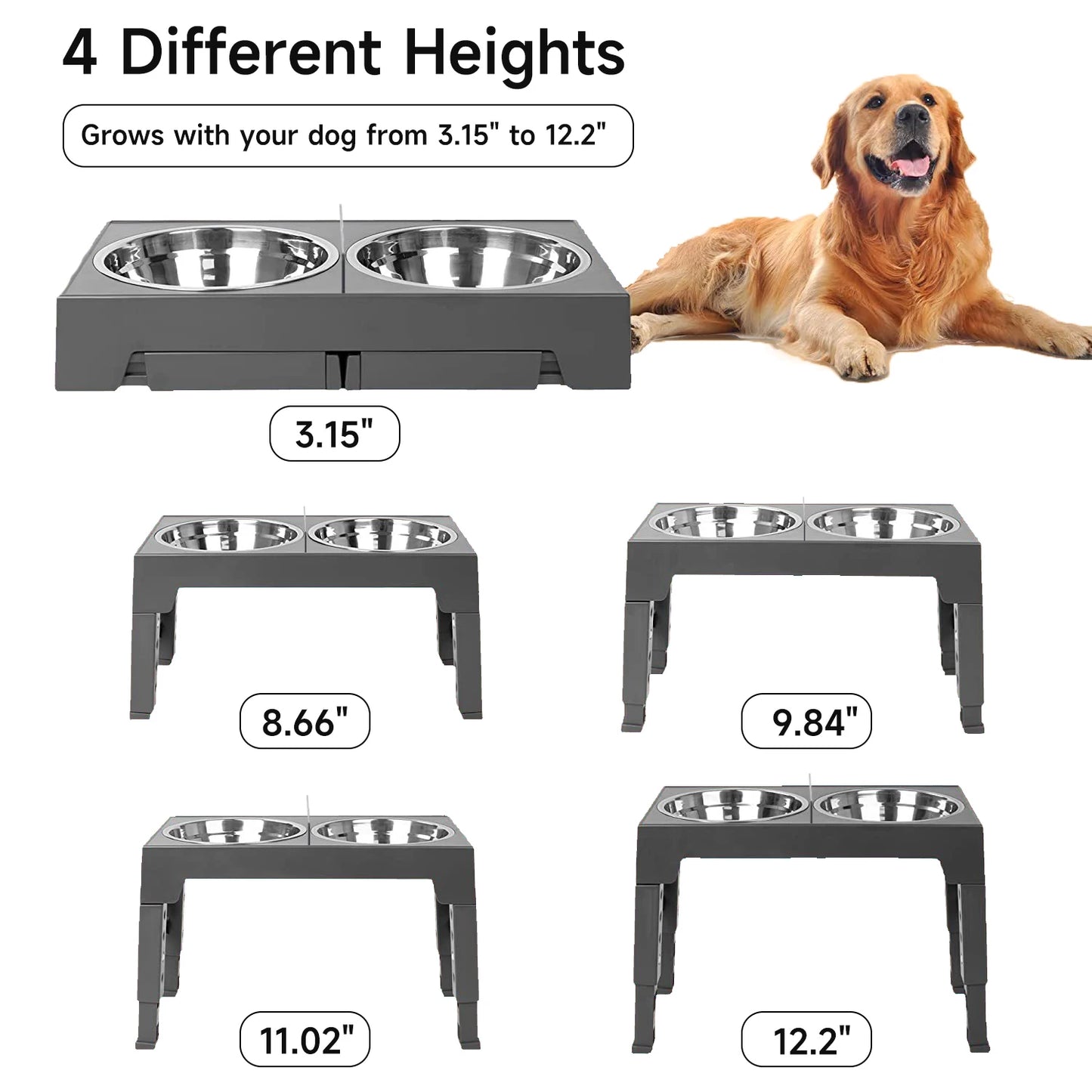 Adjustable Elevated Dog Bowls Foldable Raised Pet Feeder with Stainless Steel Bowls for Small Medium Large Dogs Reducing Neck