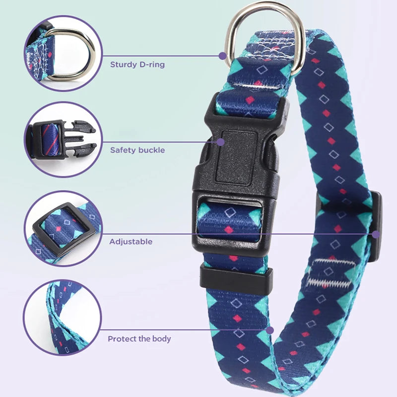 Colorful Printed Pet Collar Adjustable Dog Collar & Leashes Small Medium Dog Leash with Metal D Ring for Cat and Dog Accessories