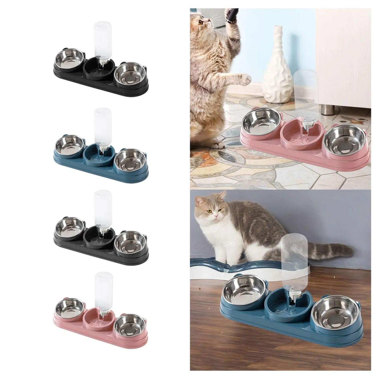 Triple Cat Bowl, Pet Food And Water Bowl, Tilted at 15°, 3 in 1, for Wet And