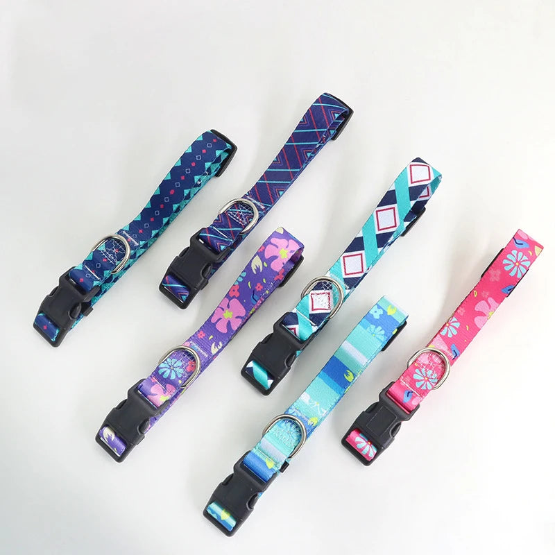Colorful Printed Pet Collar Adjustable Dog Collar & Leashes Small Medium Dog Leash with Metal D Ring for Cat and Dog Accessories