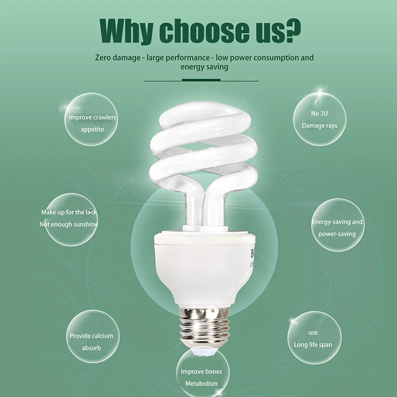 Reptile Heat Lamp 13/26W UV Rays, 5.0 10.0 UVB Energy Saving, Ideal for Terrarium Pets like Turtles, Lizards, Snakes