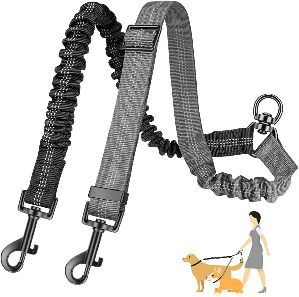 1.6ft Long Dual Dog Leash Attachment - Double Leashes for Training Small to Large Dogs - Adjustable Strap Shock Absorbing Bungee