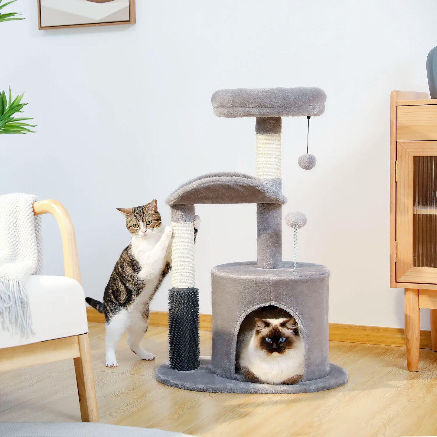 Small Cat Tree for Indoor Cats, Medium Cat Tower with Interactive Cat Toy, 32.7" Cat Condo with Self Groomer Brush