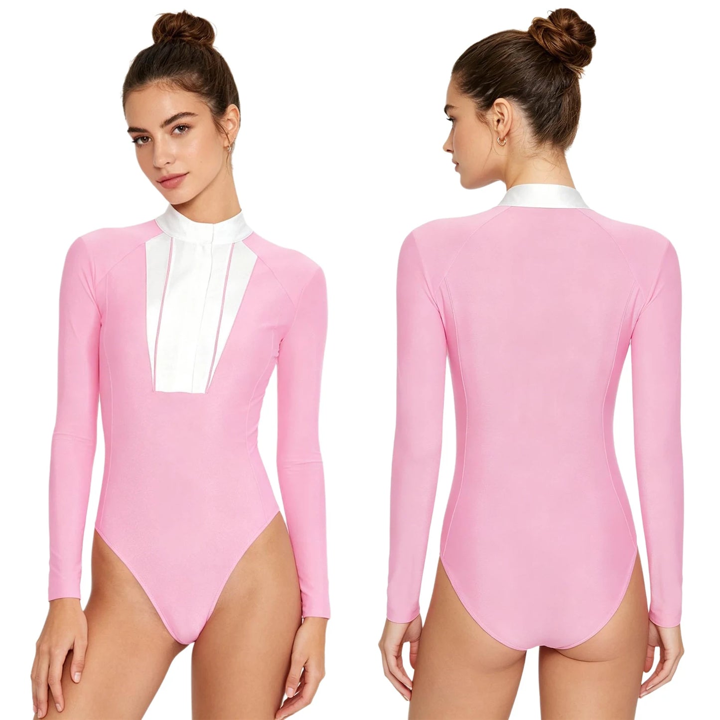 Womens Equestrian Riding Horse  Competition Shirt Slim Fit Jumpsuit Pleated Long Sleeve Buttoned Crotch Leotard Tuxedo Rompers